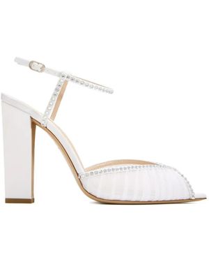 Andrea Wazen Katy Rhinestone Block Heel Sandals - White