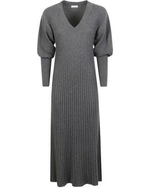 Brunello Cucinelli Ribbed-Knit V-Neck Dress - Grey