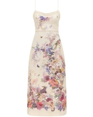 Zimmermann Floral-Print Pleated-Neckline Dress - White