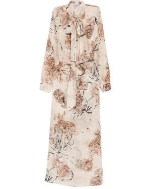 Eleventy Floral-Print Tie-Neck Dress - Natural