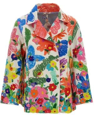 Péro Bead-Embroidered Floral-Print Double-Breasted Coat - White