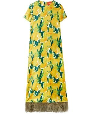La DoubleJ Swing Floral-Print Feather-Hem Maxi Dress - Yellow