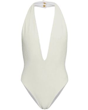 Balmain Monogram-Jacquard Halterneck Swimsuit - White