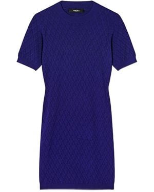 Versace Short-Sleeve V-Pattern Mini Dress - Blue