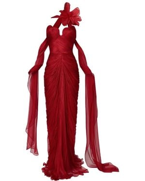 IRIS SERBAN Ruched Floral-Detail Maxi Dress - Red