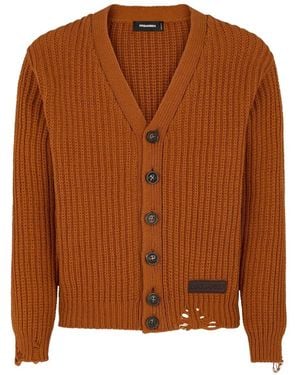 DSquared² Distressed V-Neck Cardigan - Brown