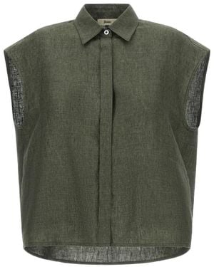 Herno Sleeveless Lightweight Linen Slightly Cropped Shirt With Logo Plate - Green