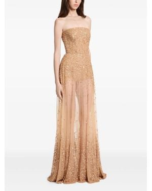 Elie Saab Strapless Beaded Embroidered Gown - Natural