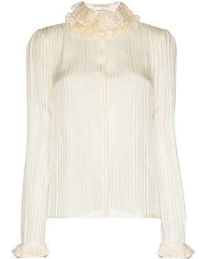 Saint Laurent Neutral Ruffled High Neck Striped Blouse - Women's - Silk/metallic Fiber - Multicolor