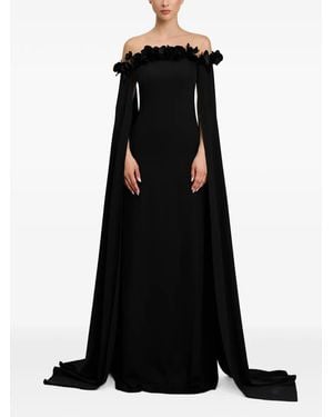 Cristallini Floral-Appliqué Cape-Sleeve A-Line Maxi Dress - Black