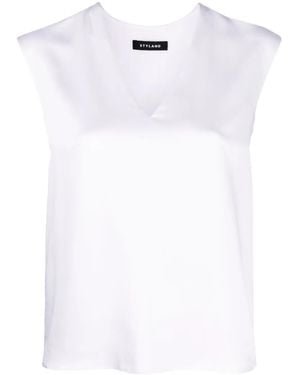 Styland Satin-Finish V-Neck Top - White