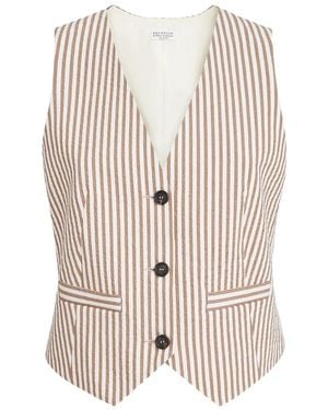 Brunello Cucinelli Techno-Cotton Striped Seersucker Vest With Monili - White