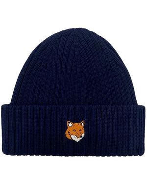 Maison Kitsuné Embroidered Ribbed Hat - Blue