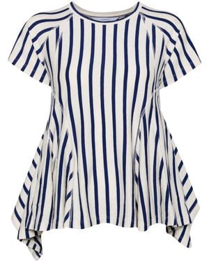 Pushbutton Stripe Flared Hem T-Shirt - Blue