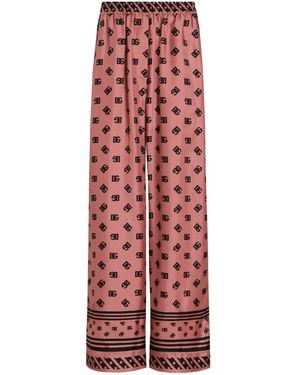 Dolce & Gabbana Silk Logo Print Wide-Leg Trousers - Red