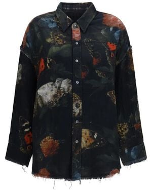 R13 Butterfly-Print Frayed Shirt - Black