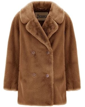 Herno Double-Breasted Faux-Fur Coat - Brown