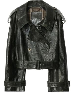 Burberry Cropped Embossed Leather Trench Jacket - Black