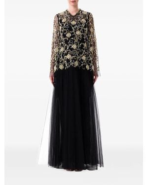 Dina Melwani Floral-Embellished Layered Maxi Dress - Black