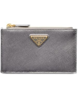 Prada Triangle-Logo Leather Card Holder - Grey