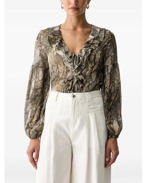 Guess Ruffled Snake-Print Blouse - Brown