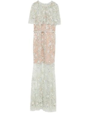 Self-Portrait Sequin-Embellished Cape-Sleeve Maxi Dress - White