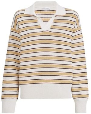 Brunello Cucinelli Cotton Knit Polo With Sparkling Stripes - White