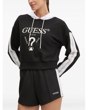 Guess Logo-Embroidered Striped-Sleeve Hoodie - Black