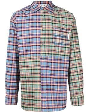 Marni Patchwork Check-Print Oversized Shirt - Blue