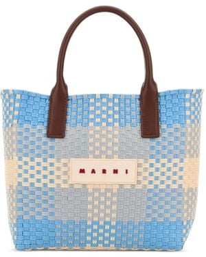 Marni Check-Pattern Woven Tote Bag - Blue