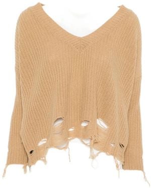 Pinko Distressed V-Neck Jumper - Natural