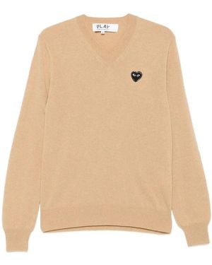 COMME DES GARÇONS PLAY Heart-Embellished V-Neck Sweater - Natural