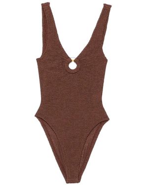 Hunza G Crinkle-Effect Ring-Detail Swimsuit - Brown