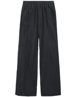 Balenciaga Check-Pattern Embroidered-Logo Wide-Leg Trousers - Black