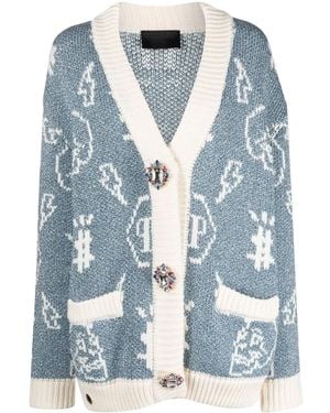 Philipp Plein Intarsia-Knit Logo Cardigan - Blue