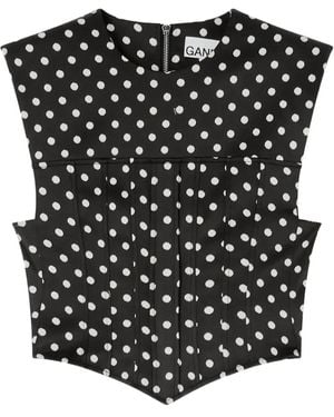 Ganni Polka-Dot Satin Corset Top - Black