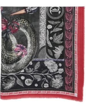 Just Cavalli Floral-Print Fringed Scarf - Black