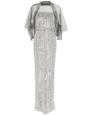 Pamella Roland Crystal-Embellished Pearl-Detail Gown - Gray
