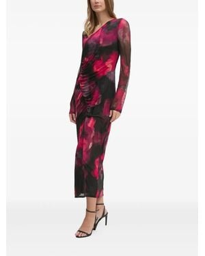 DKNY Floral-Print Ruched Midi Dress - Red