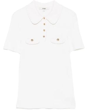 Maje Ribbed-Knit Short-Sleeve Polo Top - White