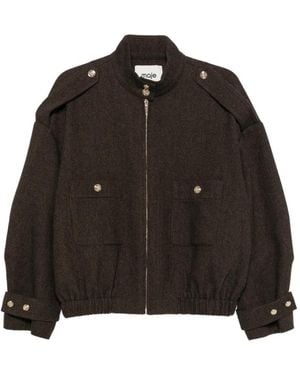 Maje Herringbone-Pattern Stand-Up Collar Jacket - Black