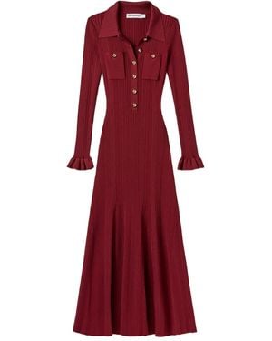 Self-Portrait Ribbed-Knit Buttoned Midi Dress - Red