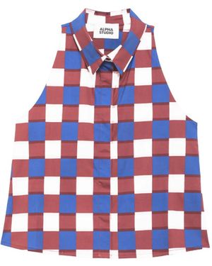 Alpha Studio Checked Collar Top - White