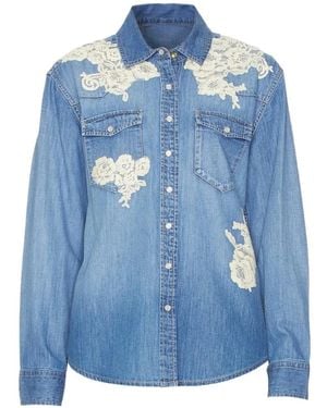 LoveShackFancy Lace-Appliqué Denim Shirt - Blue
