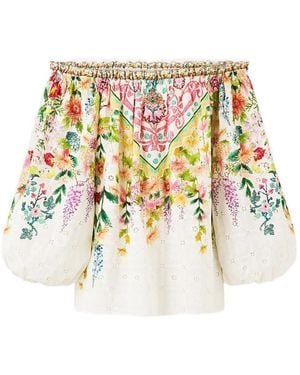 CAMILLA Top De Algodón Con Volantes, Hombros Descubiertos Y Estampado Floral - Blanco