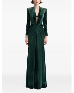 Gemy Maalouf Beaded-Shoulders Velvet Dress - Green