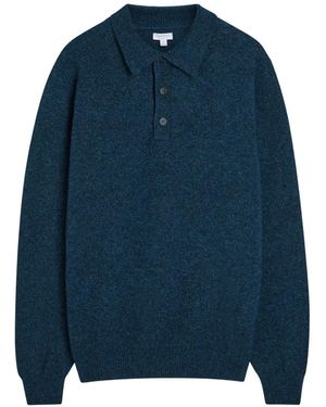 Sunspel Buttoned Knitted Polo Shirt - Blue