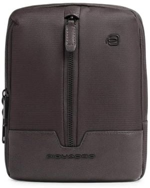 Piquadro Bolso Messenger A Paneles Con Placa Del Logo - Gris