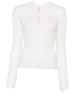 Soft Goat Ribbed-Knit Henley Top - White