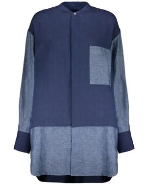 Moorer Patchwork-Design Linen Shirt - Blue